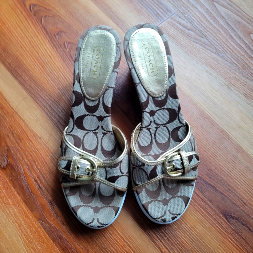 Coach Brown and Gold Sandals with Signature Monogram